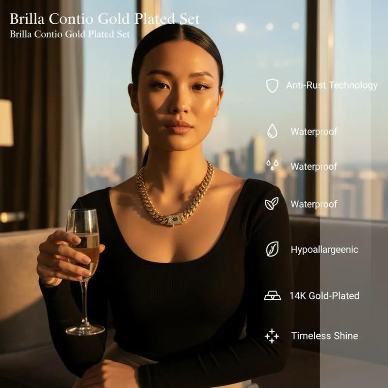 Technology Anti-Rust New Brilla Contio Jewelers 14K Gold-Plated Cuban New Anti-Rust Technology Bracelet & Necklace Set Waterproof Fade-Proof Hypoallergenic 6-14Mm Sizes Timeless Shine for Every Look Valentine'S Day Gift