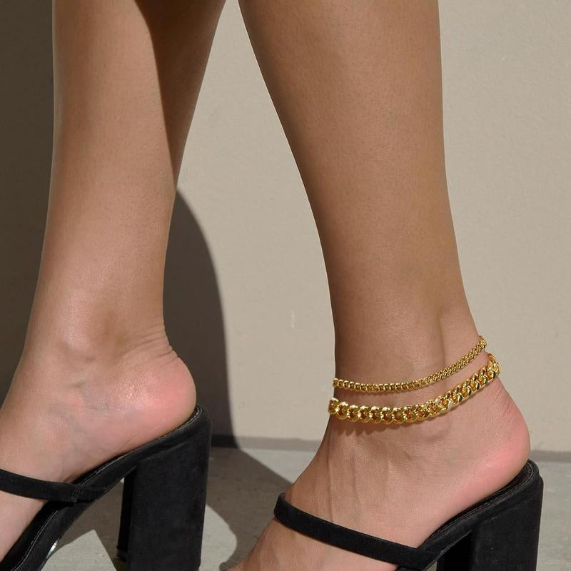 FREEKISS Chunky Cuban Link Chain Anklet for Women Waterproof Adjustable Length 8.5+2 Inch Fashion Chic Accessories Trendy Layered Anklet Set Jewelry Gift