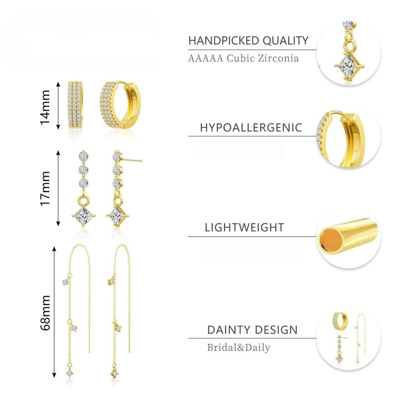 Tewiky 3 Layered Chain Earrings for Women Hypoallergenic Aretes Dangle Earrings Stud Waterproof Jewelry Gift for Blackfriday Christmas