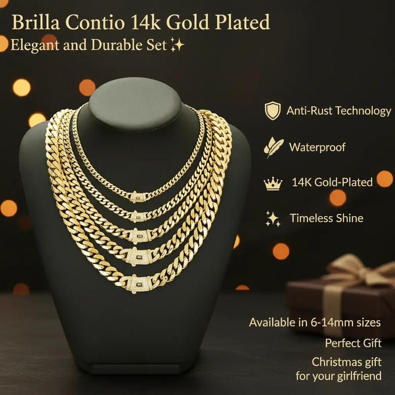 Technology Anti-Rust New Brilla Contio Jewelers 14K Gold-Plated Cuban New Anti-Rust Technology Bracelet & Necklace Set Waterproof Fade-Proof Hypoallergenic 6-14Mm Sizes Timeless Shine for Every Look Valentine'S Day Gift