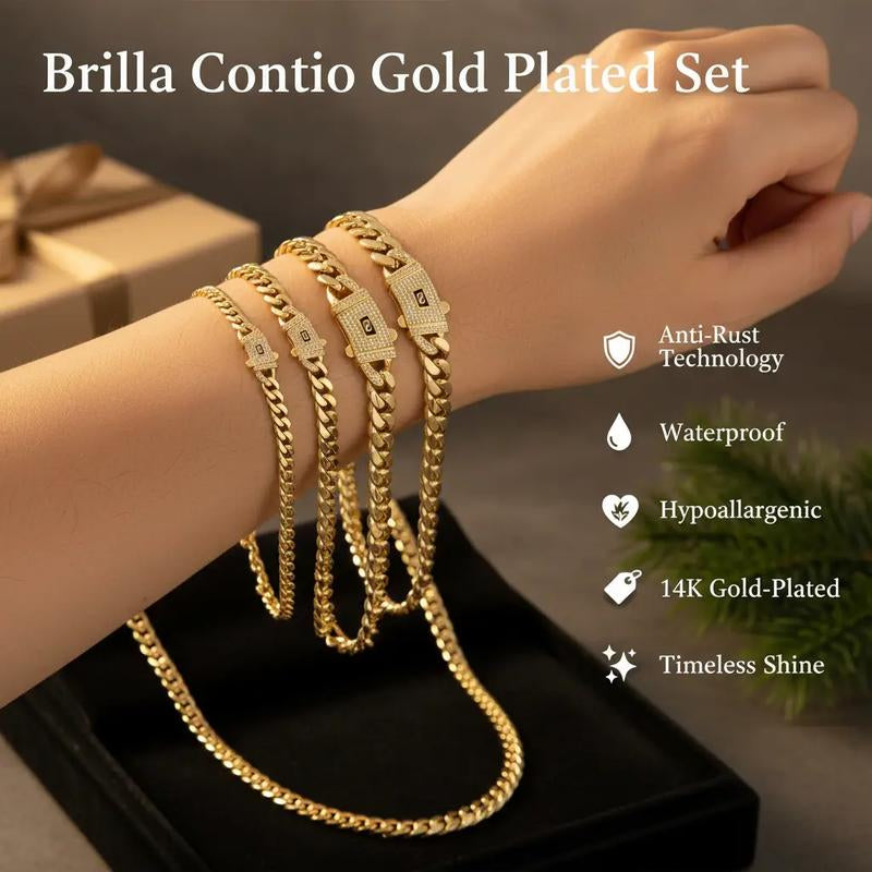 Technology Anti-Rust New Brilla Contio Jewelers 14K Gold-Plated Cuban New Anti-Rust Technology Bracelet & Necklace Set Waterproof Fade-Proof Hypoallergenic 6-14Mm Sizes Timeless Shine for Every Look Valentine'S Day Gift