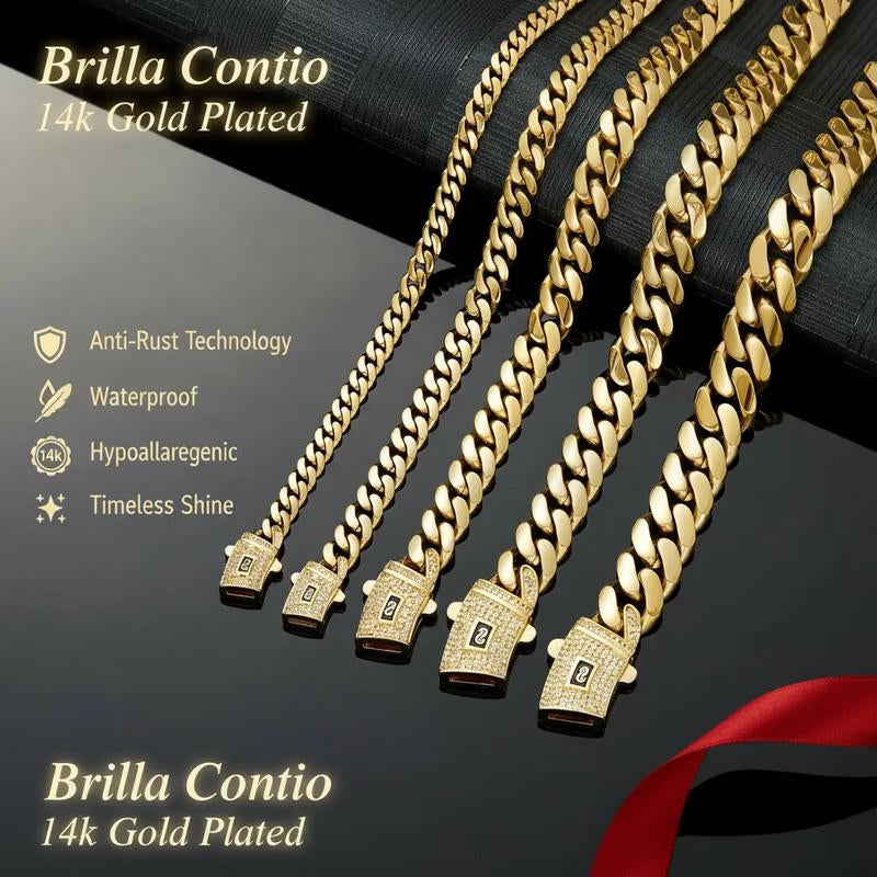 Technology Anti-Rust New Brilla Contio Jewelers 14K Gold-Plated Cuban New Anti-Rust Technology Bracelet & Necklace Set Waterproof Fade-Proof Hypoallergenic 6-14Mm Sizes Timeless Shine for Every Look Valentine'S Day Gift