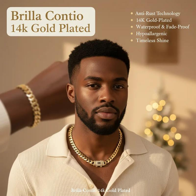 Technology Anti-Rust New Brilla Contio Jewelers 14K Gold-Plated Cuban New Anti-Rust Technology Bracelet & Necklace Set Waterproof Fade-Proof Hypoallergenic 6-14Mm Sizes Timeless Shine for Every Look Valentine'S Day Gift