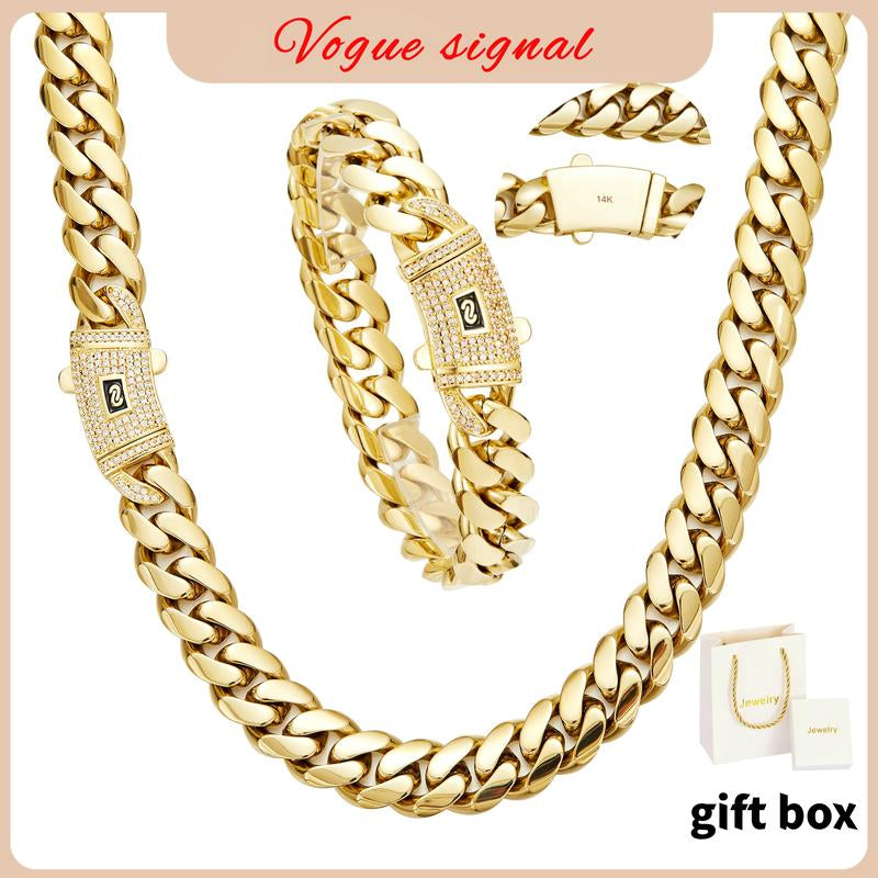 Technology Anti-Rust New Brilla Contio Jewelers 14K Gold-Plated Cuban New Anti-Rust Technology Bracelet & Necklace Set Waterproof Fade-Proof Hypoallergenic 6-14Mm Sizes Timeless Shine for Every Look Valentine'S Day Gift
